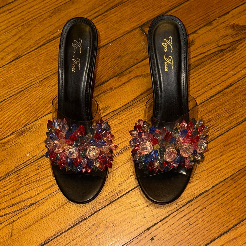 Tina Fierce Black Heels with Colorful Embellishments